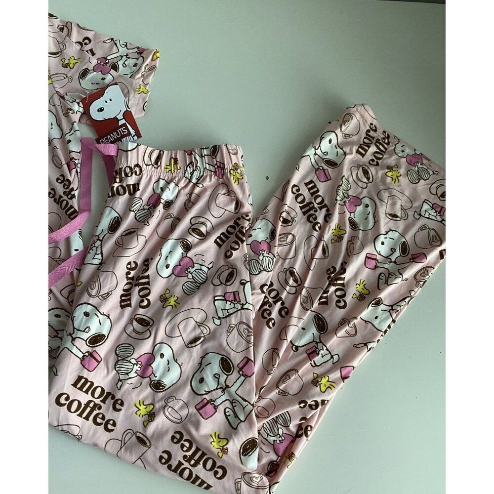 Peanuts SNOOPY Pink Women’s Sz L‎ Pajama PJ Set Pants Short Sleeve More Coffee - Picture 4 of 12